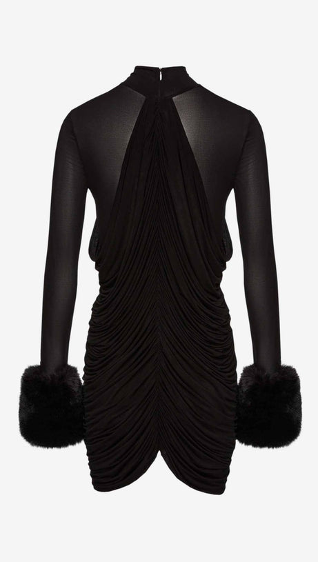 VEVIDA RUCHED MESH FAUX FUR MINI DRESS IN BLACK