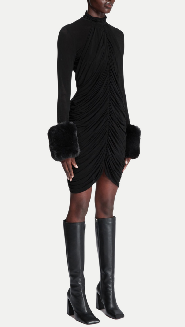 AIIZIE VEVIDA RUCHED MESH FAUX FUR MINI DRESS IN BLACK - product image