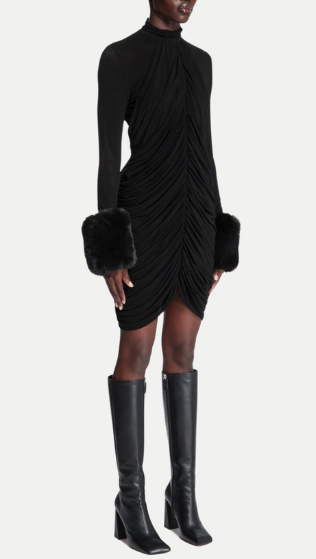 VEVIDA RUCHED MESH FAUX FUR MINI DRESS IN BLACK