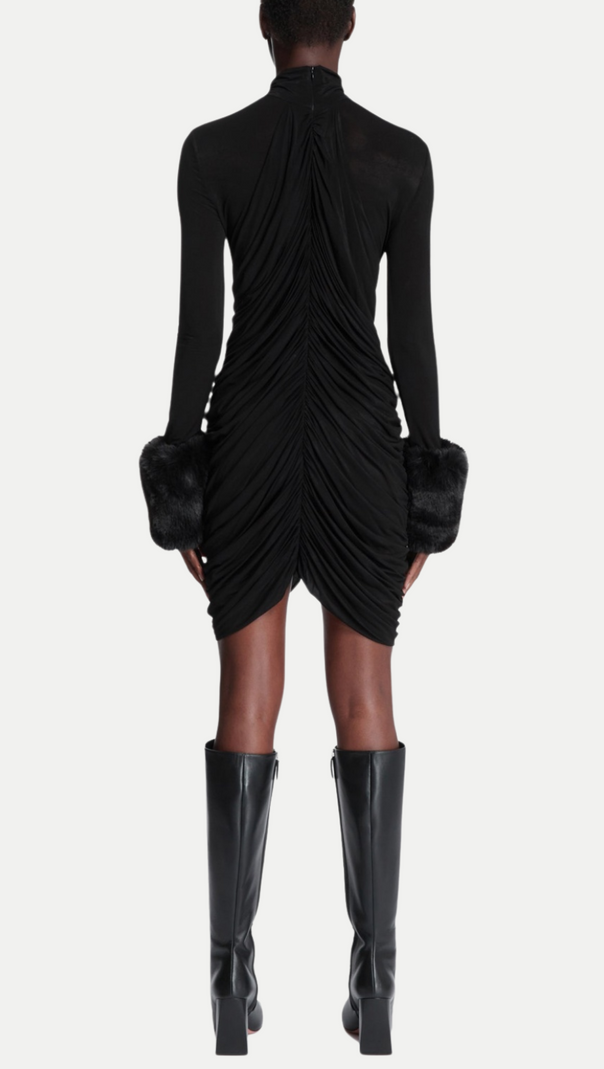 AIIZIE VEVIDA RUCHED MESH FAUX FUR MINI DRESS IN BLACK - product image