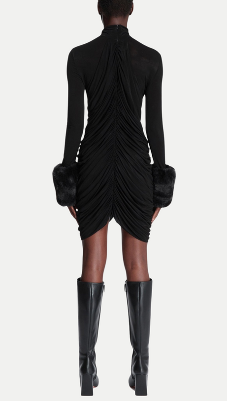 VEVIDA RUCHED MESH FAUX FUR MINI DRESS IN BLACK