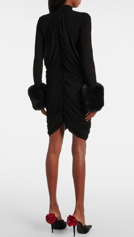 VEVIDA RUCHED MESH FAUX FUR MINI DRESS IN BLACK