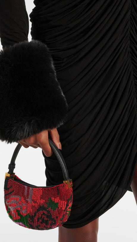 VEVIDA RUCHED MESH FAUX FUR MINI DRESS IN BLACK