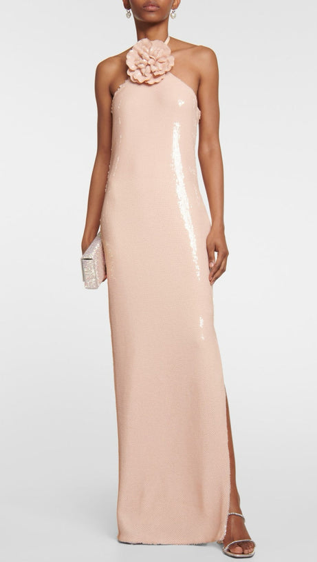 VIDONIA HALTER FLORAL SEQUIN MAXI DRESS - NUDE