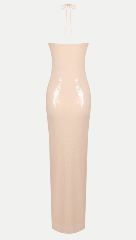 VIDONIA HALTER FLORAL SEQUIN MAXI DRESS - NUDE