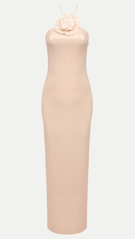 VIDONIA HALTER FLORAL SEQUIN MAXI DRESS - NUDE