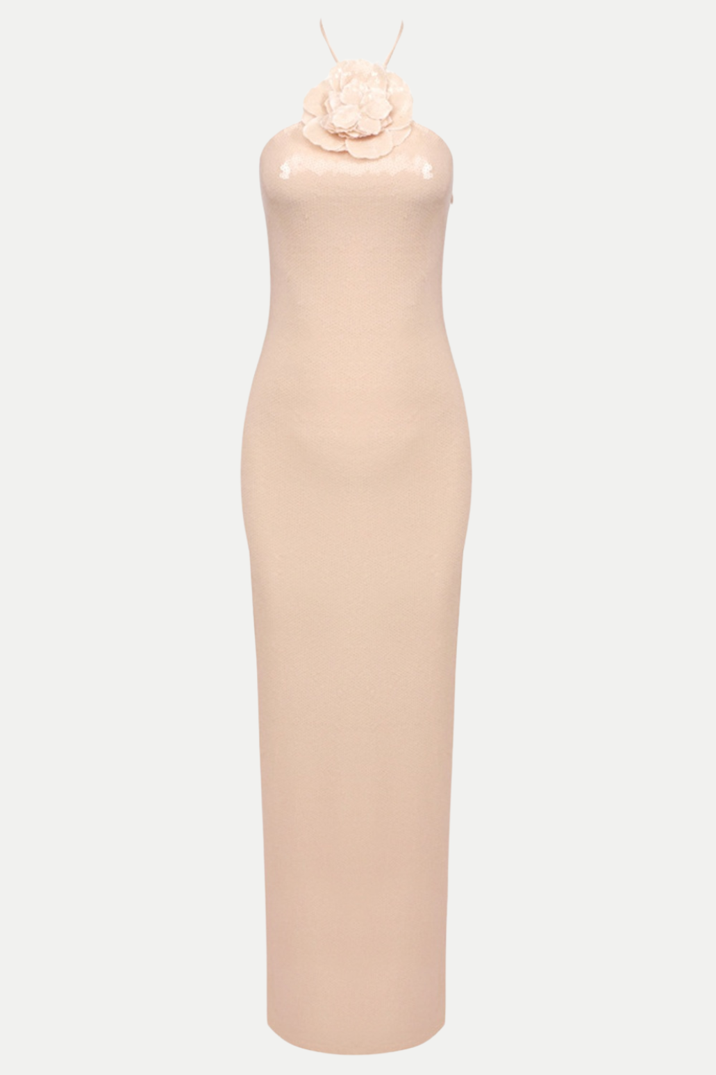 VIDONIA HALTER FLORAL SEQUIN MAXI DRESS - NUDE