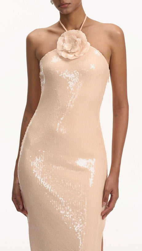 VIDONIA HALTER FLORAL SEQUIN MAXI DRESS - NUDE