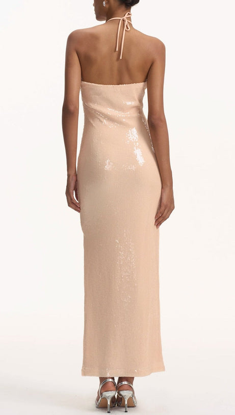 VIDONIA HALTER FLORAL SEQUIN MAXI DRESS - NUDE