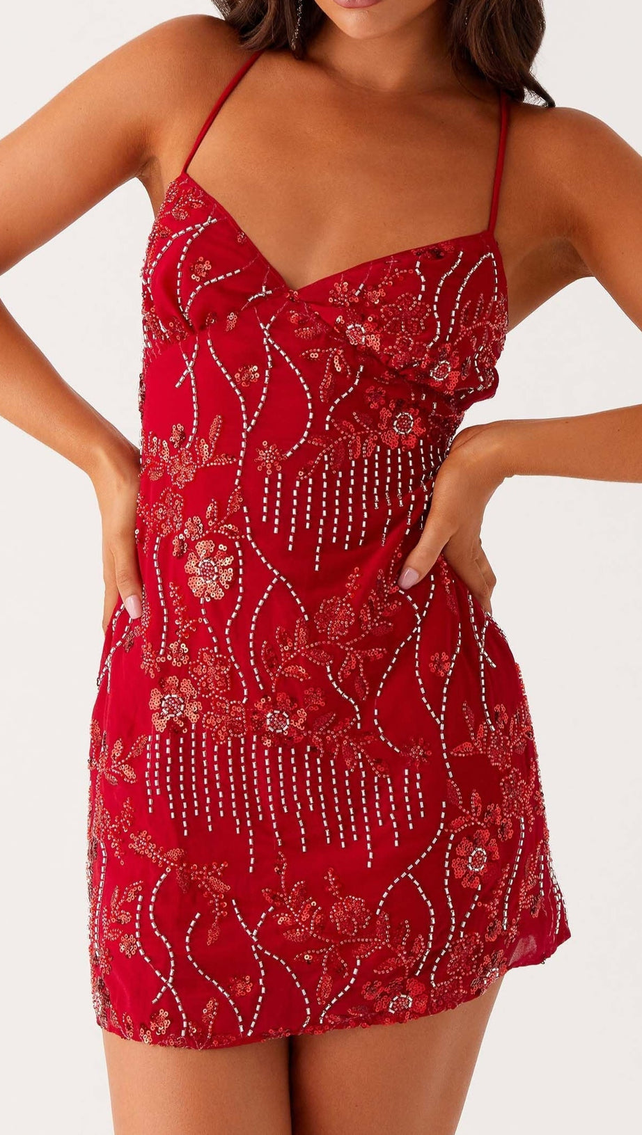VIETTA SEQUIN CAMI MINI DRESS IN RED