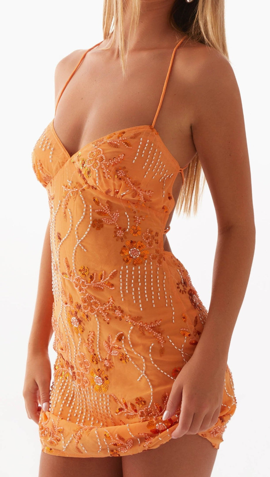 VIETTA SEQUIN CAMI MINI DRESS IN ORANGE
