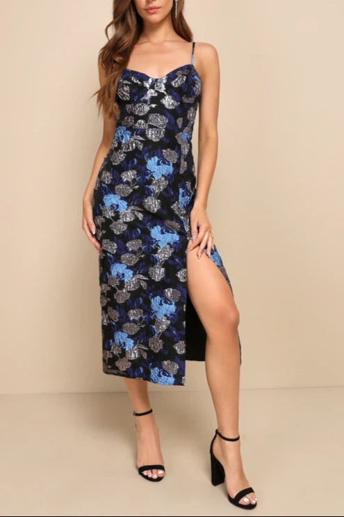 VIVID BEAUTY BLACK FLORAL JACQUARD SLEEVELESS BUSTIER MIDI DRESS