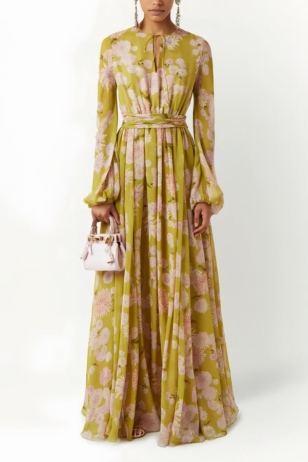 selena floral lace up puff sleeve maxi dress