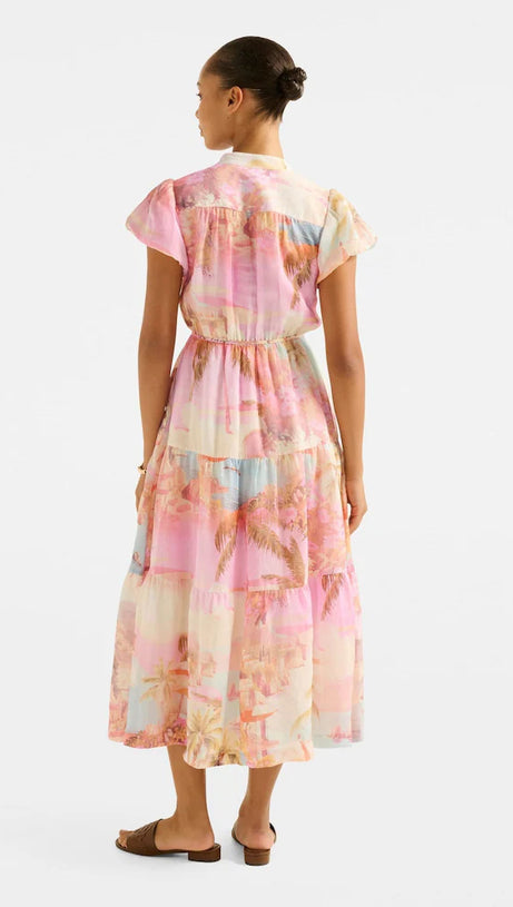 PUFF SLEEVES TIERED MIDI DRESS