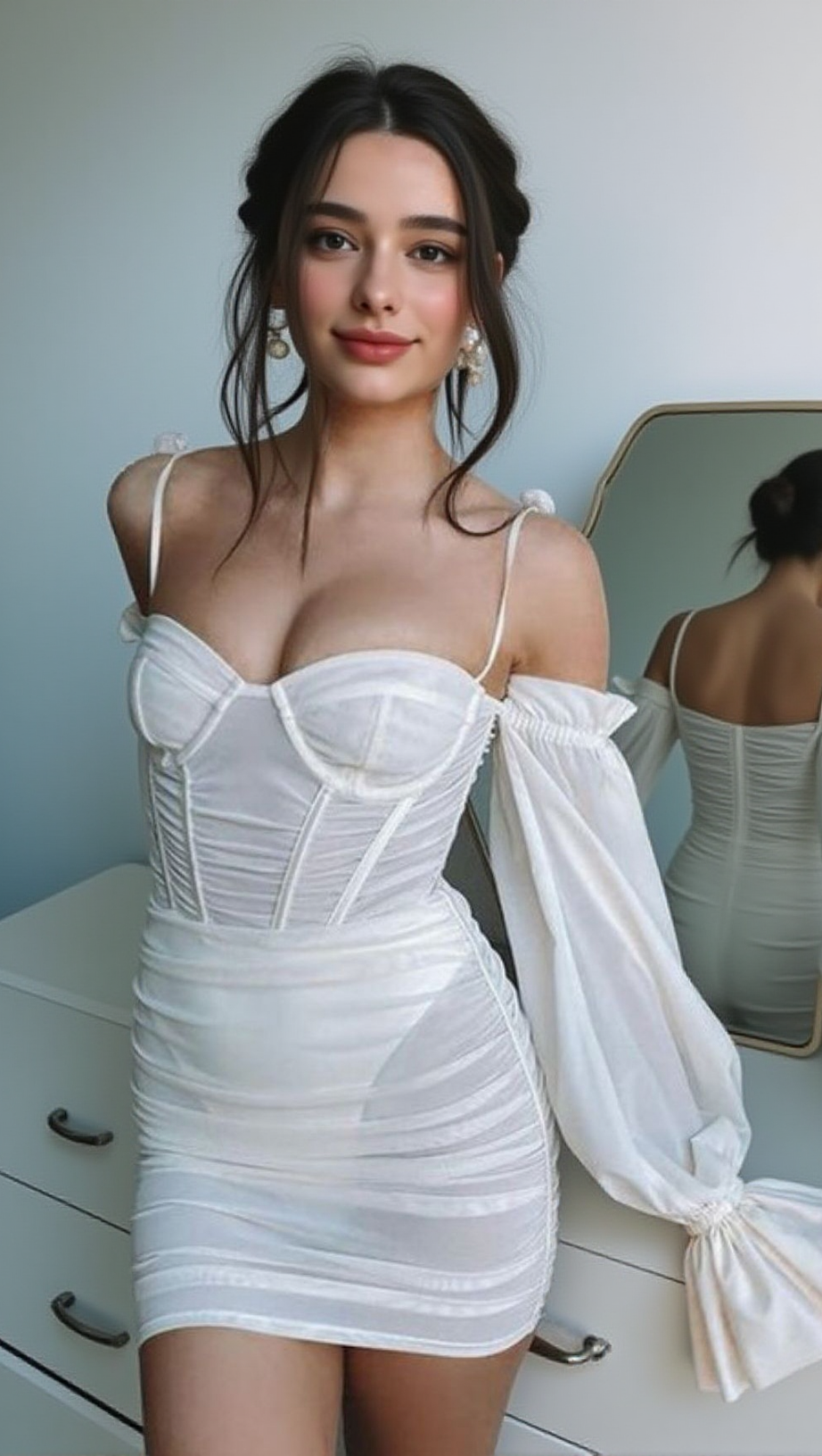 WHITE LANTERN SLEEVE TUBE DRESS