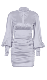 WHITE SATIN HIGH NECKED DRAPED DRESS