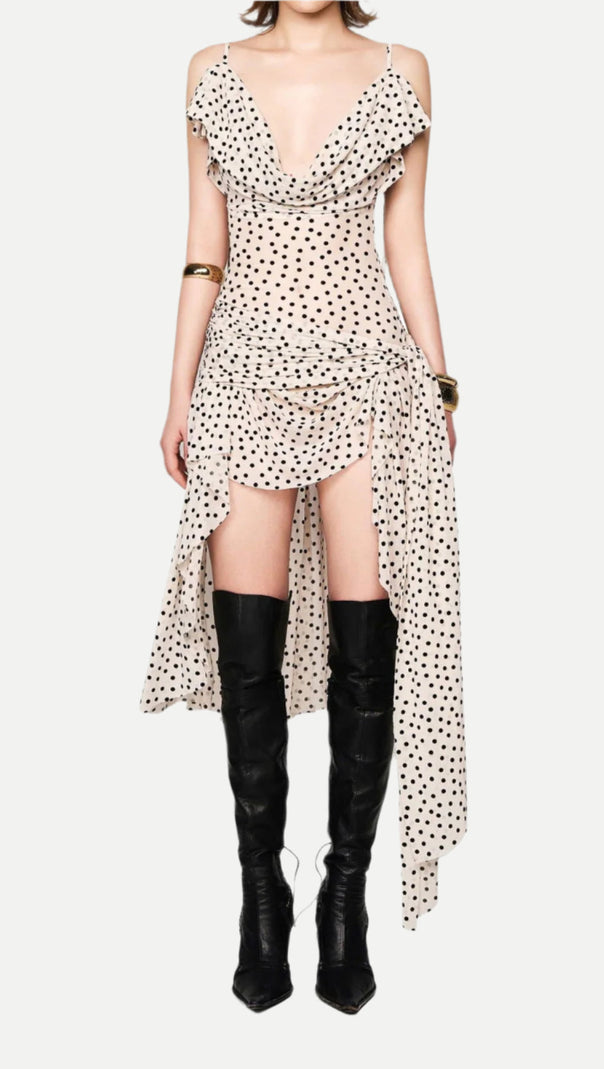 AIIZIE POLKA DOT SLEEVELESS IRREGULAR HEM MIDI DRESS IN APRICOT - product image