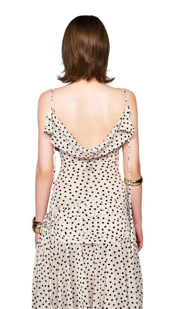 AIIZIE POLKA DOT SLEEVELESS IRREGULAR HEM MIDI DRESS IN APRICOT - product image