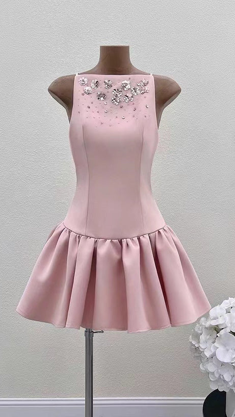 CRYSTAL EMBELLISHED VEST MINI DRESS IN PINK