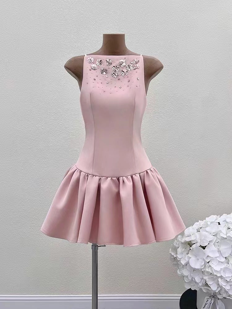 CRYSTAL EMBELLISHED VEST MINI DRESS IN PINK