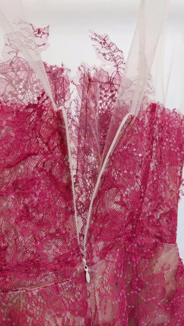 AIIZIE RED FLORAL LACE EMBROIDER MIDI DRESS - product image