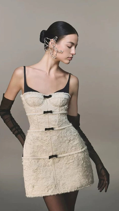 SANTOS BOW JACQUARD MINI DRESS - BEIGE