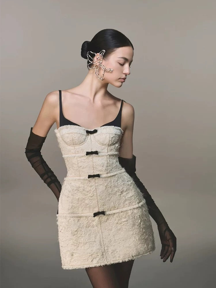 AIIZIE SANTOS BOW JACQUARD MINI DRESS - BEIGE - product image