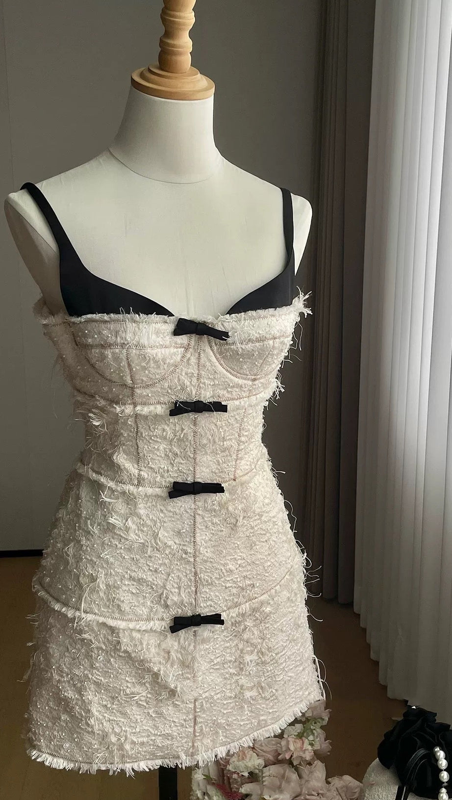 SANTOS BOW JACQUARD MINI DRESS - BEIGE