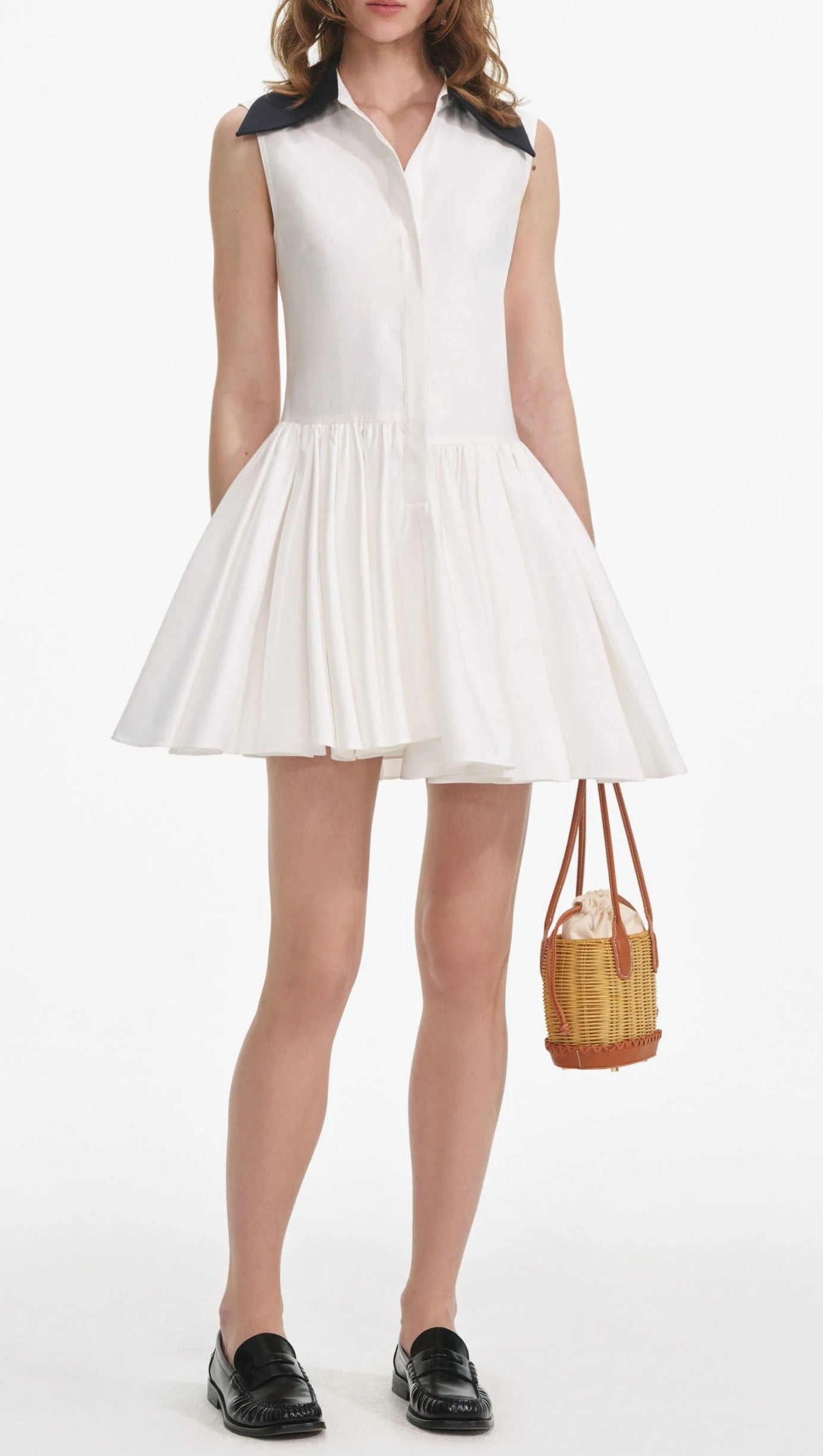 WHITE COTTON CONTRAST COLLAR MINI DRESS