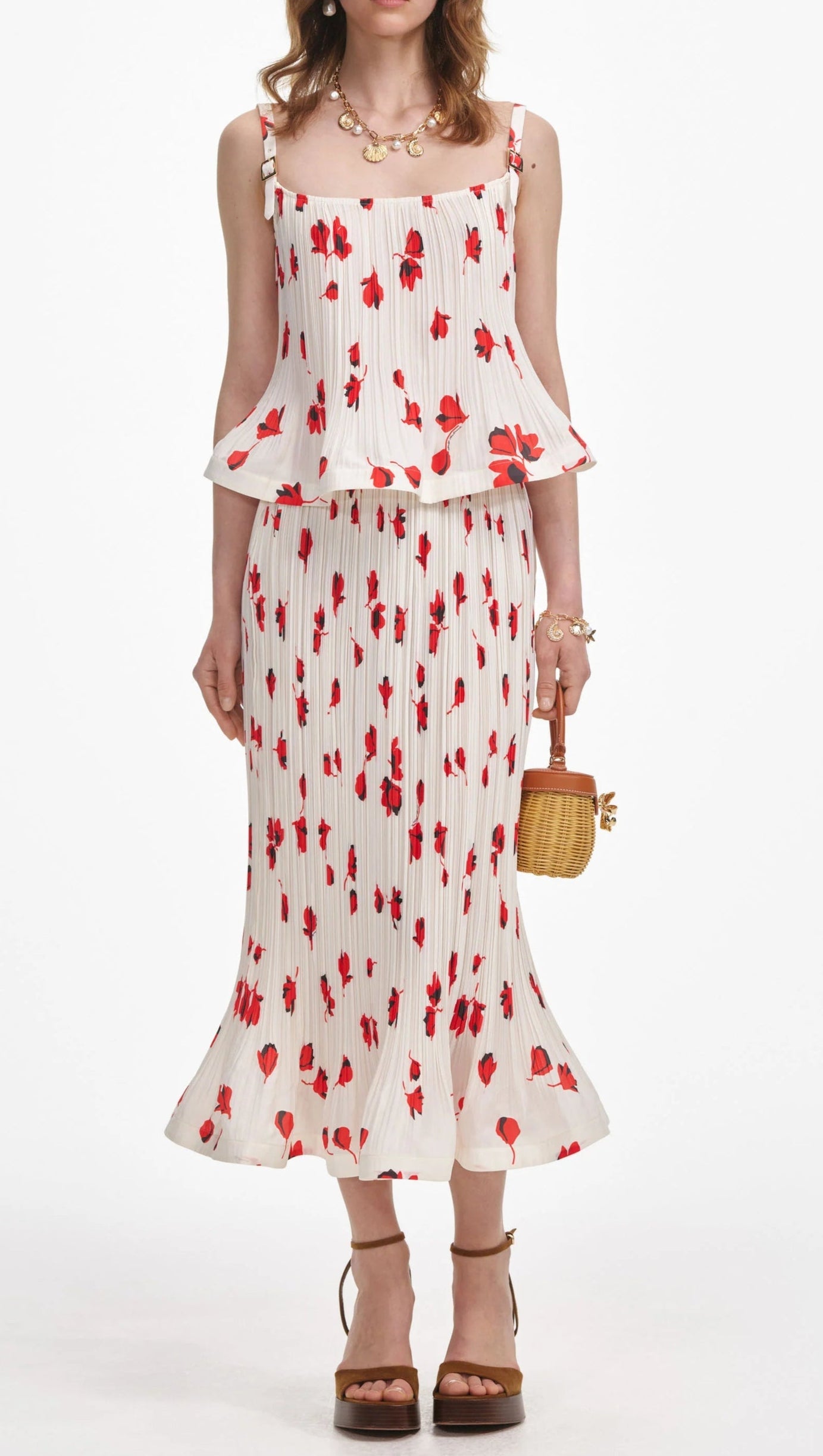 Weißer Plissee-Midirock mit Blumenmuster