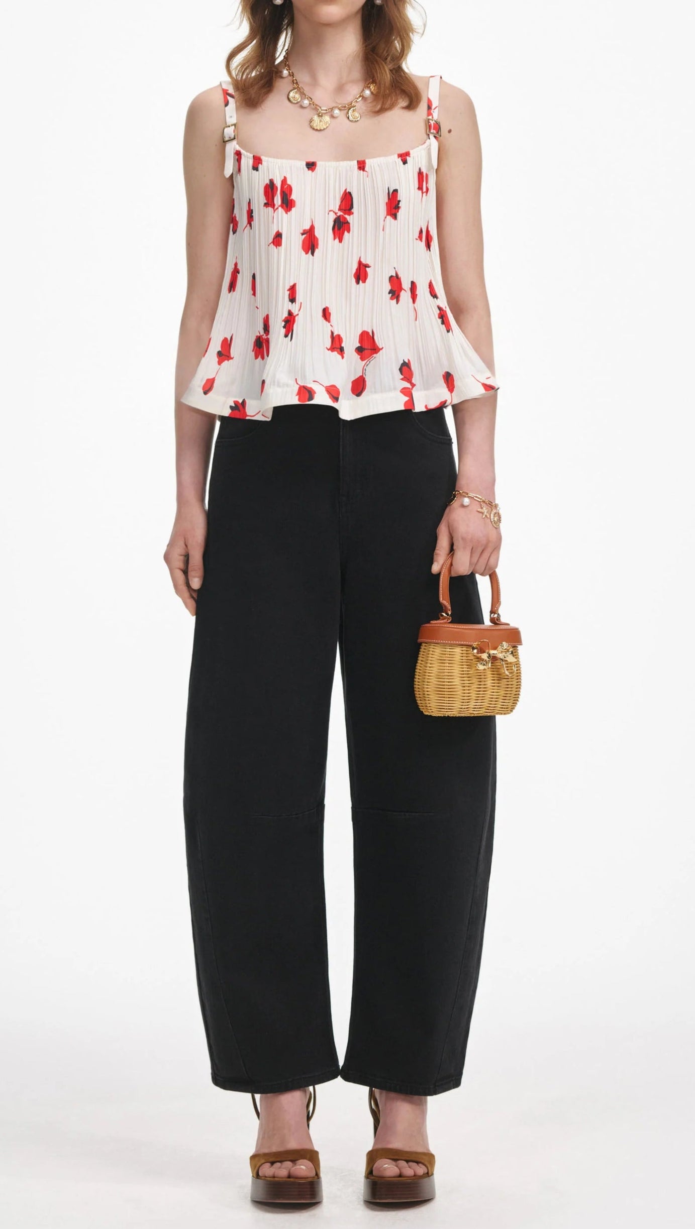 Weißes Plissee-Top mit Blumenmuster