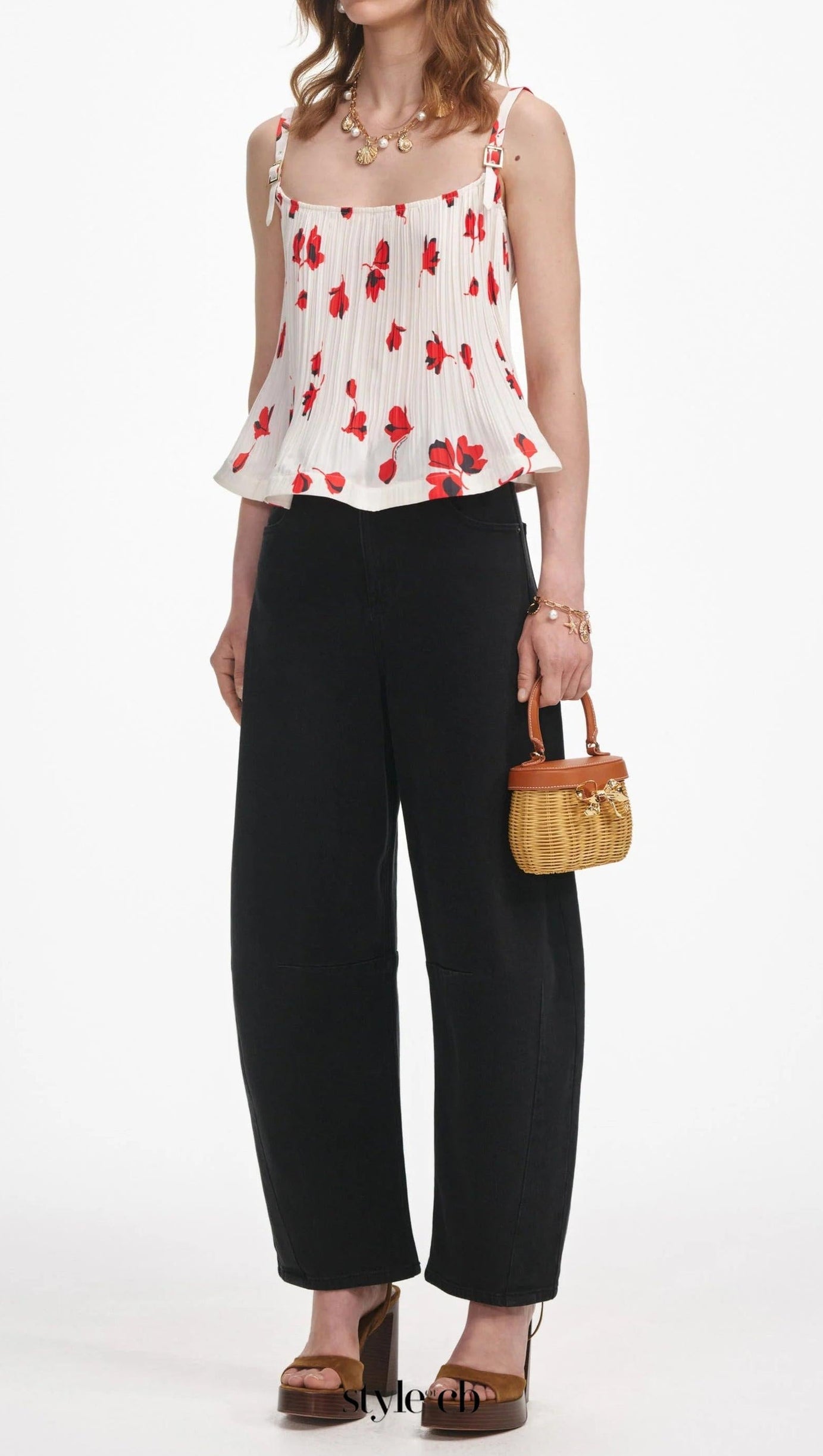 Weißes Plissee-Top mit Blumenmuster