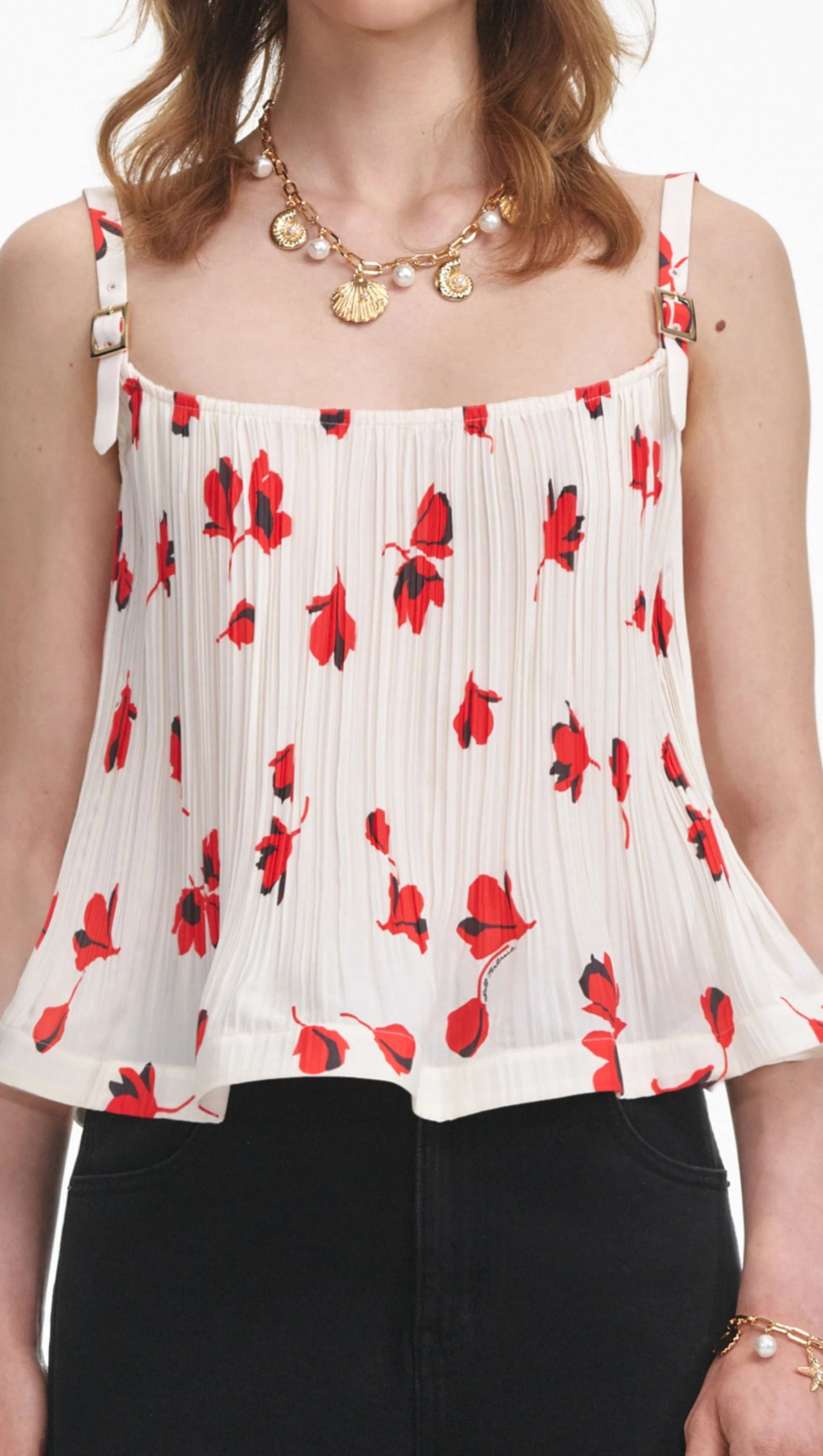 Weißes Plissee-Top mit Blumenmuster