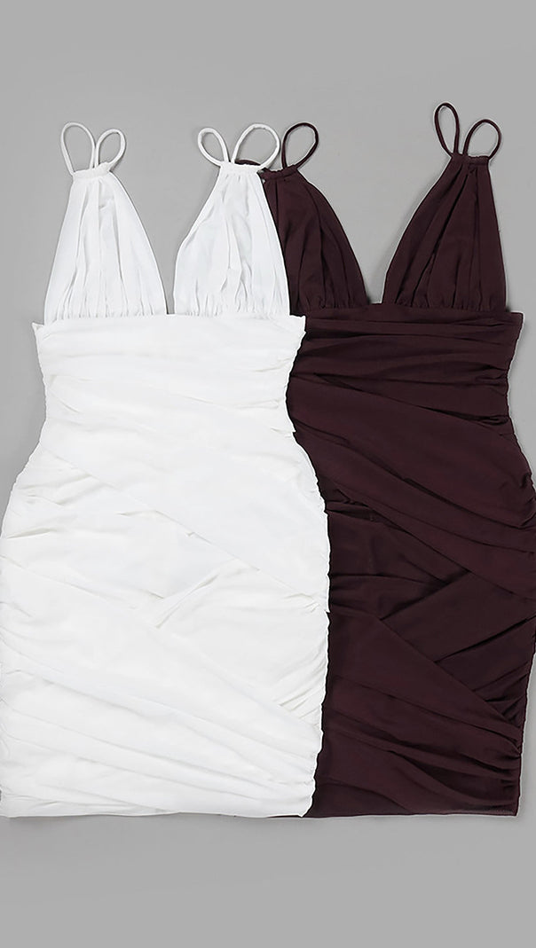 DEEP V RUCHED MESH MINI DRESS