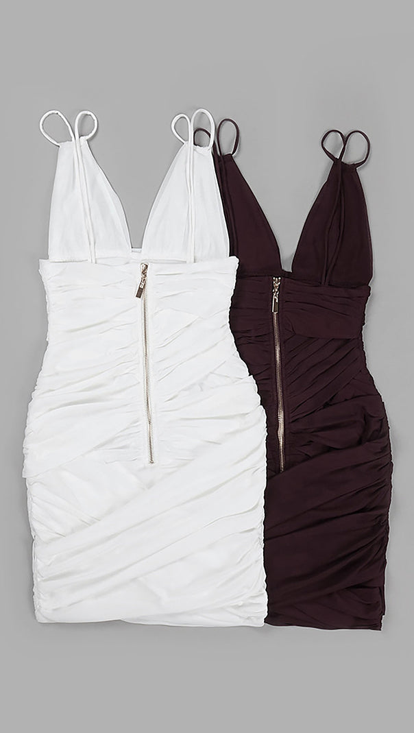 DEEP V RUCHED MESH MINI DRESS