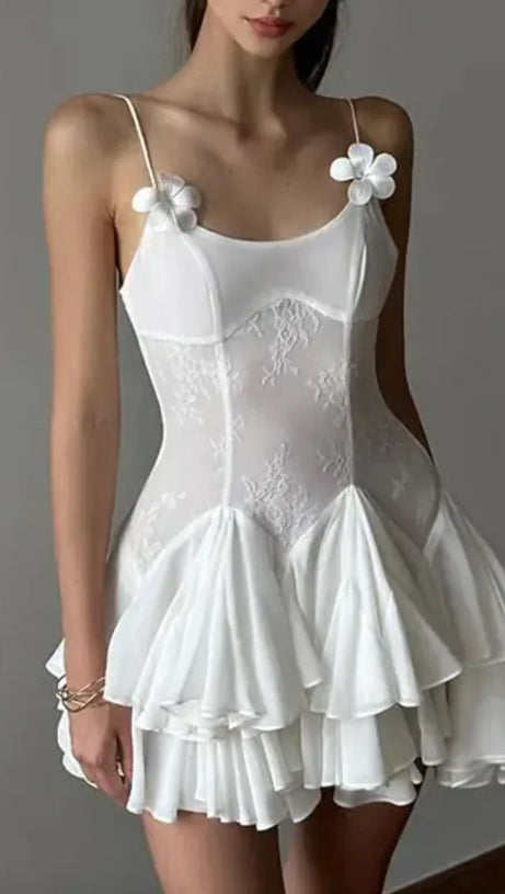 SPAGHETTI STRAPS RUFFLE MINI DRESS