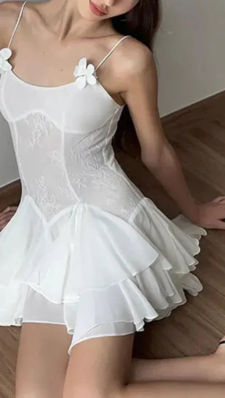 SPAGHETTI STRAPS RUFFLE MINI DRESS