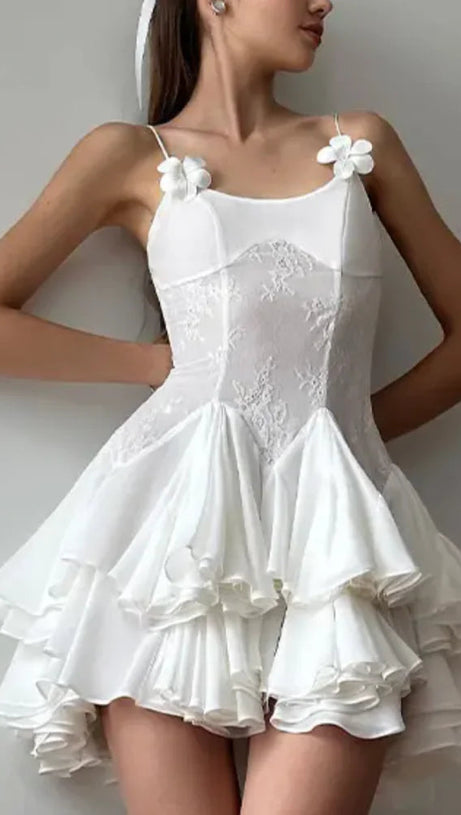 SPAGHETTI STRAPS RUFFLE MINI DRESS