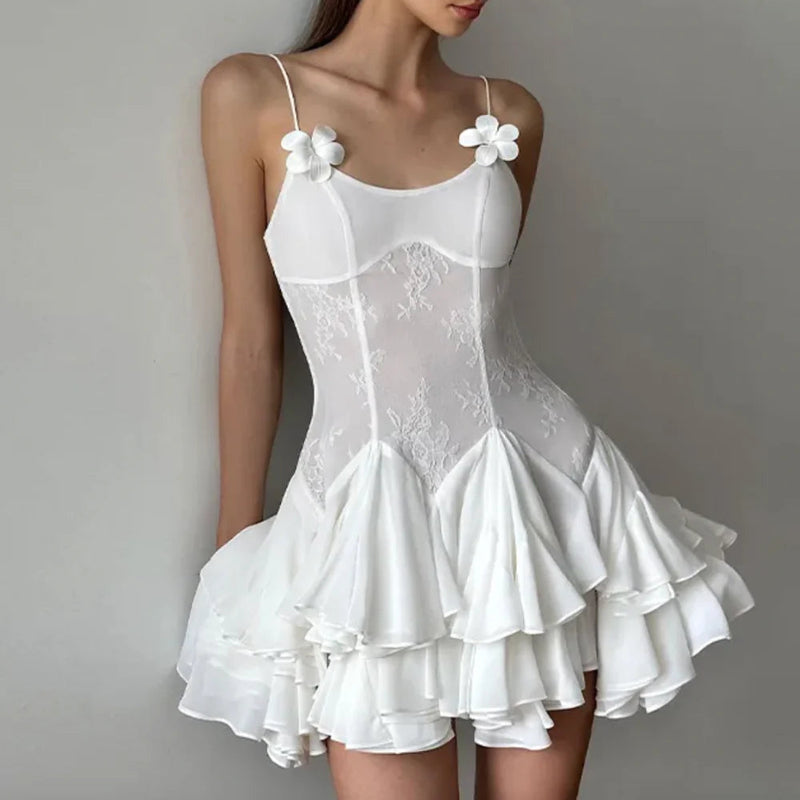 SPAGHETTI STRAPS RUFFLE MINI DRESS