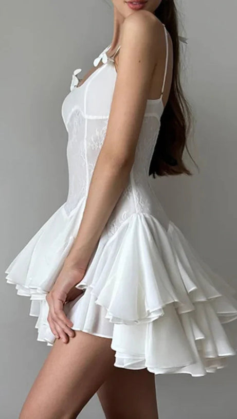 SPAGHETTI STRAPS RUFFLE MINI DRESS