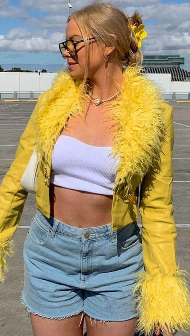 AIIZIE YELLOW FLUFFY COLLARED LONG SLEEVE BUCKLE FRONT LEATHER JACKET - product image