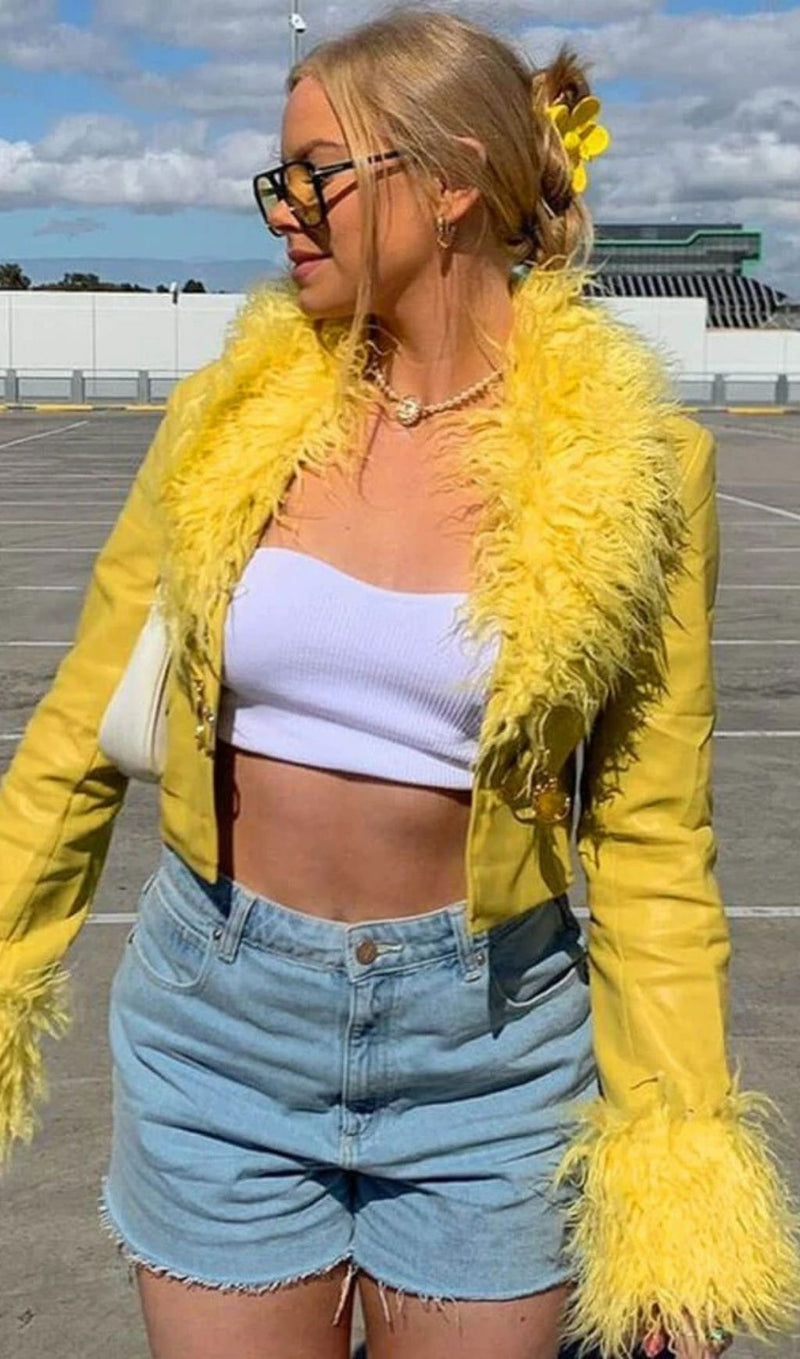 YELLOW FLUFFY COLLARED LONG SLEEVE BUCKLE FRONT LEATHER JACKET