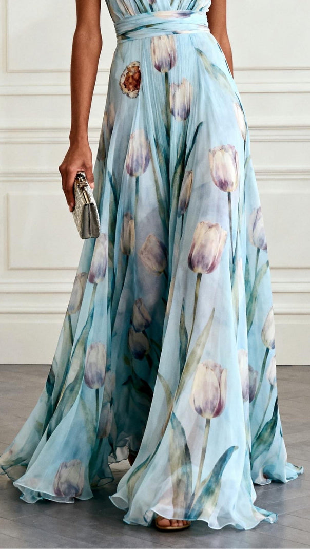 v-neck Tulip Print Chiffon Maxi Dress - blue
