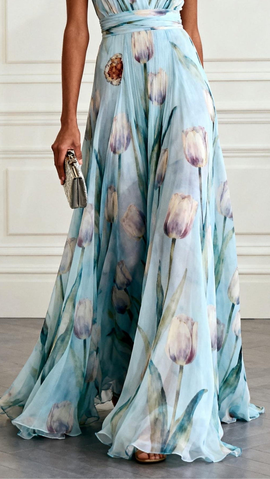 v-neck Tulip Print Chiffon Maxi Dress - blue