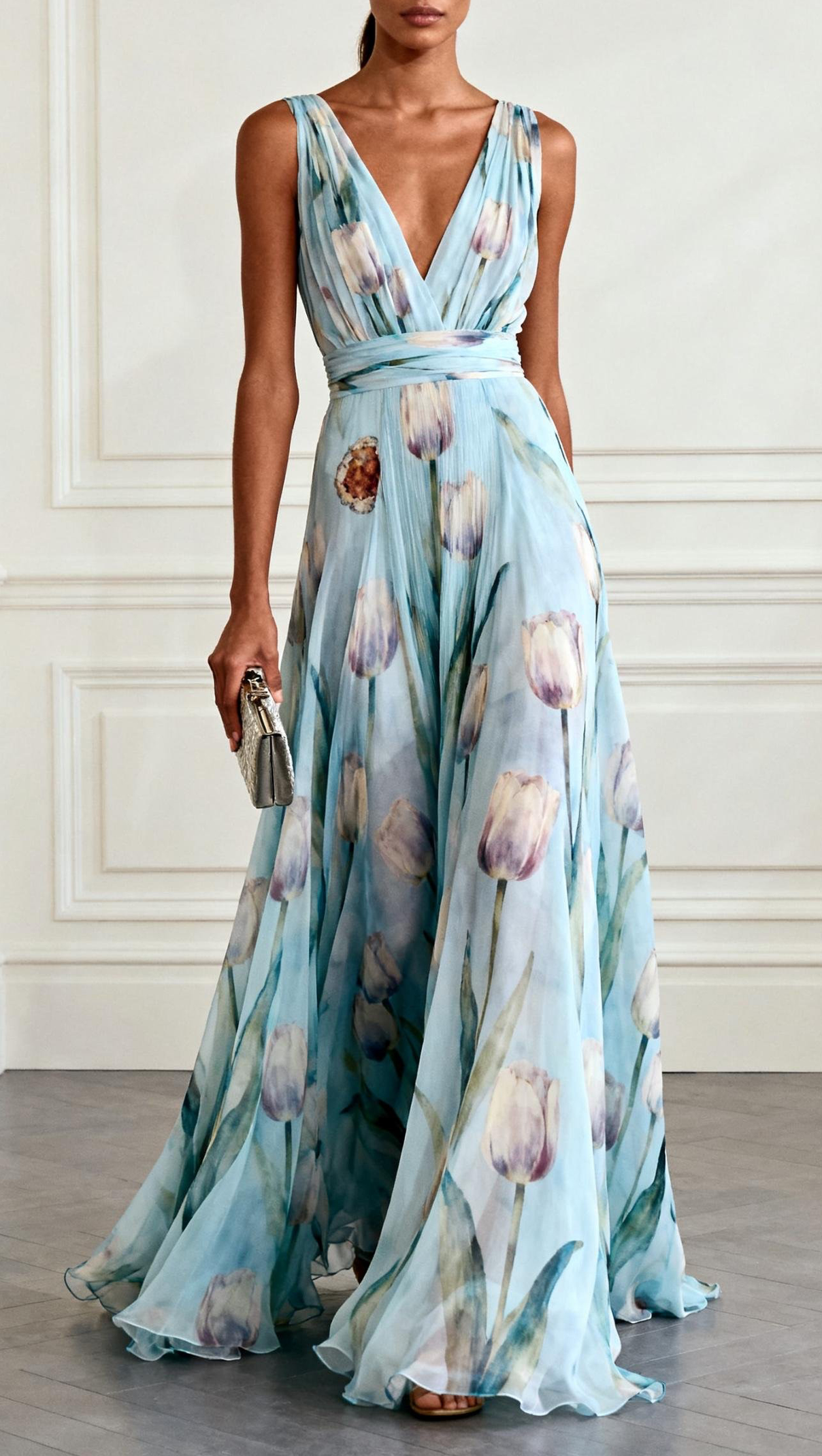 v-neck Tulip Print Chiffon Maxi Dress - blue