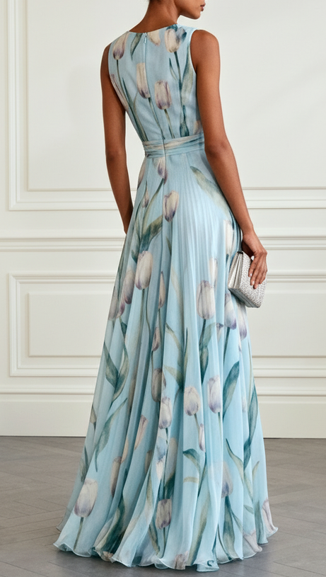 v-neck Tulip Print Chiffon Maxi Dress - blue