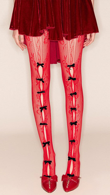 Yara Netzstrümpfe mit Schleife - Rot