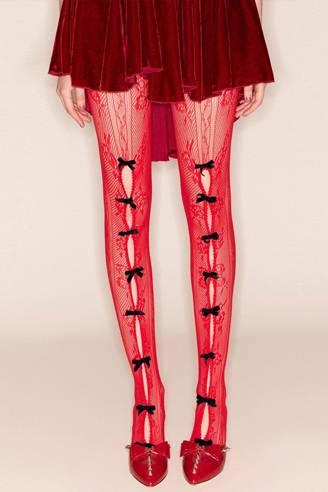 YARA BOWKNOT FISHNET STOCKINGS - RED