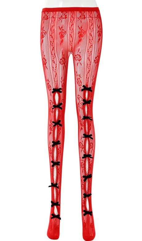 Yara Bowknot Fishnet Stockings - Red