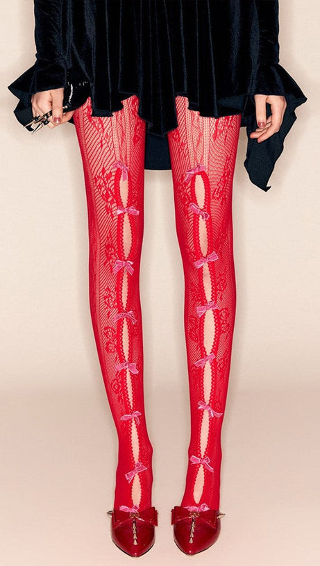 Yara Pinke Netzstrümpfe mit Schleife - Rot